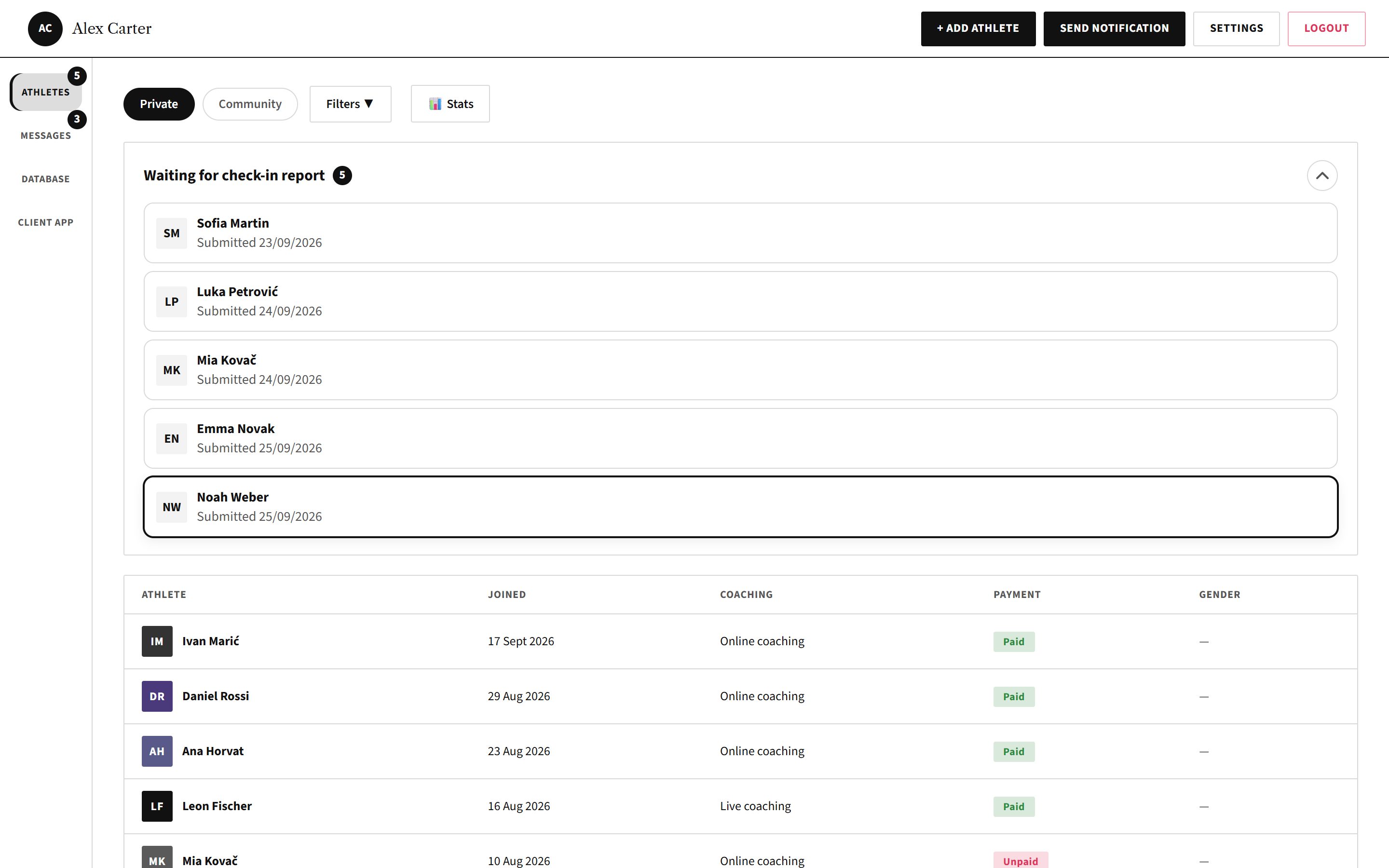 UrGymCoach coach dashboard with athletes, check-ins waiting for review and payment status